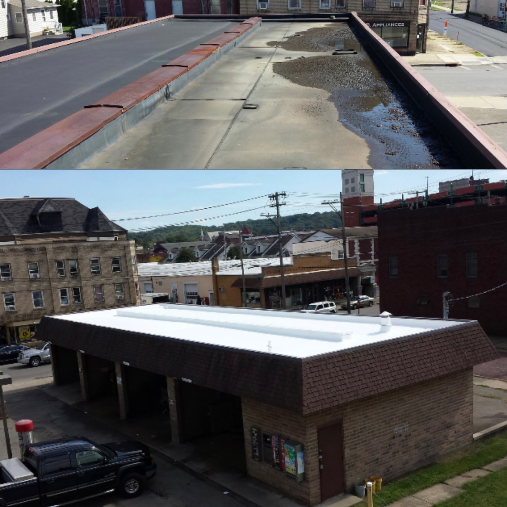 Before and after: ponding flat roof on a downtown commercial building sealed with white coating