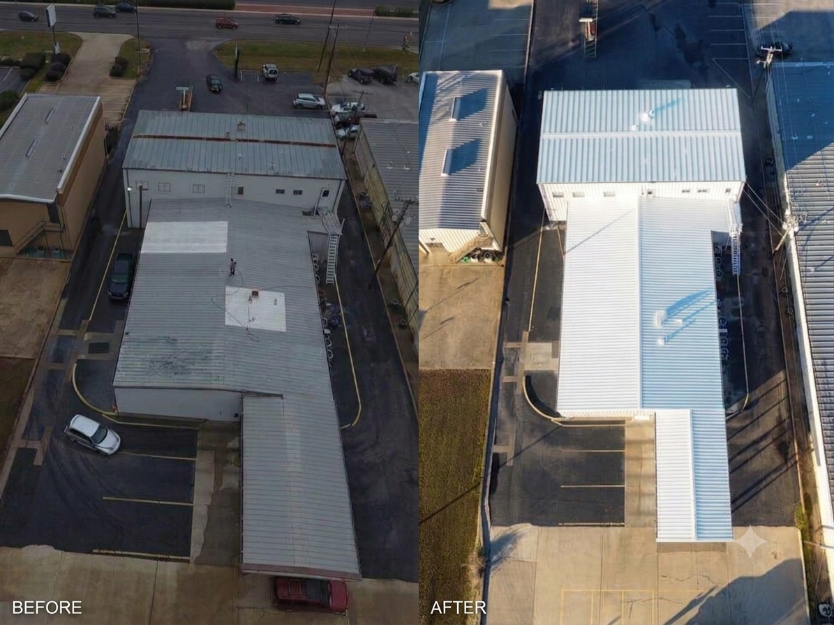 Before and after aerial view of a commercial building roof coated bright white