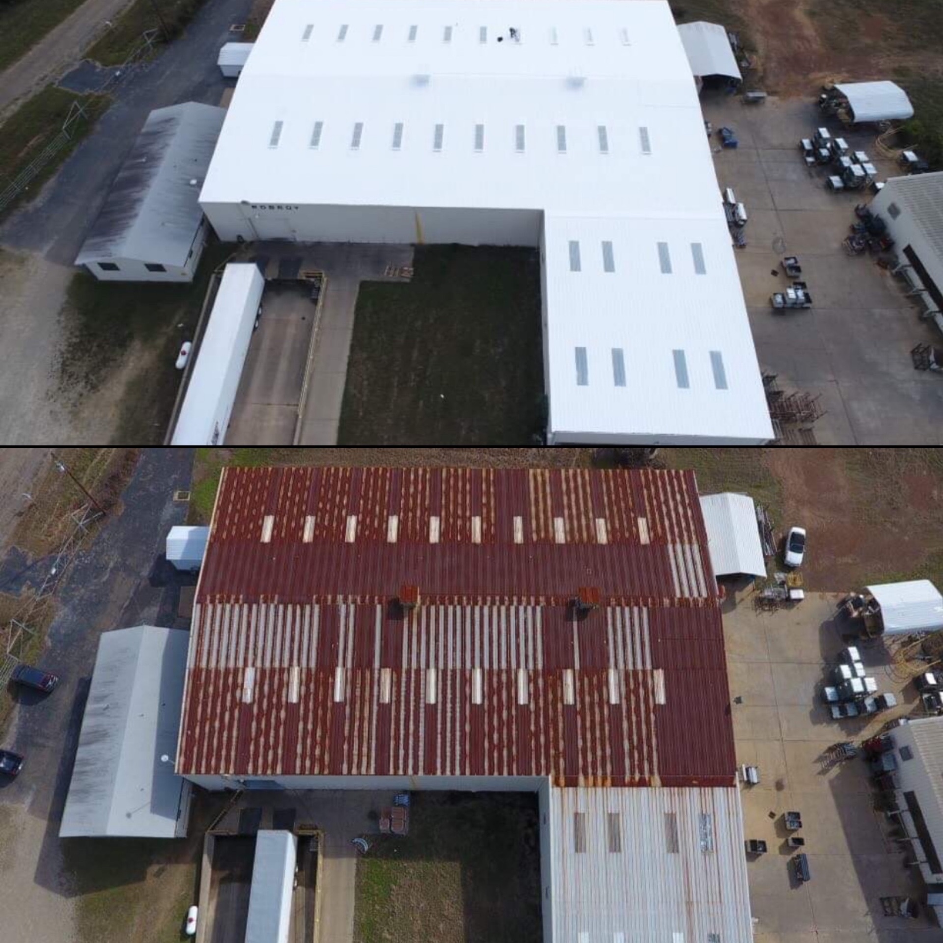 Before and after: rusted metal warehouse roof restored with a bright white commercial roof coating