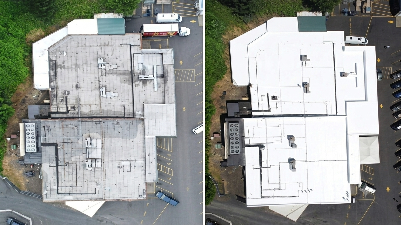 Before and after: aged retail flat roof restored with a seamless white waterproof coating