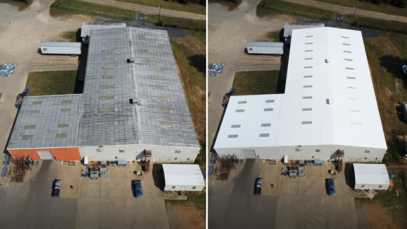 Before and after: large industrial metal roof coated white over weathered panels